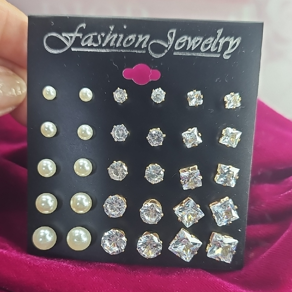 New 15 Q-Pair Stud Earring Set: Pearl & Crystal Rhinestone Mix (Fashion Jewelry)